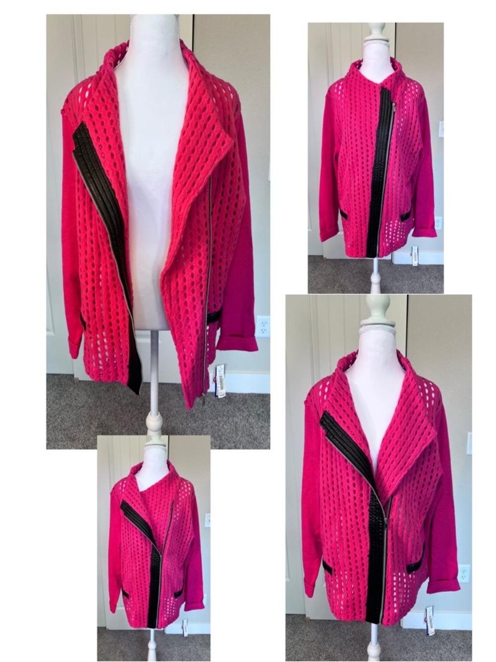 NWT Peter Nygård Hot Pink Open-Weave Zip Designer Jacket Faux Leather Black Trim